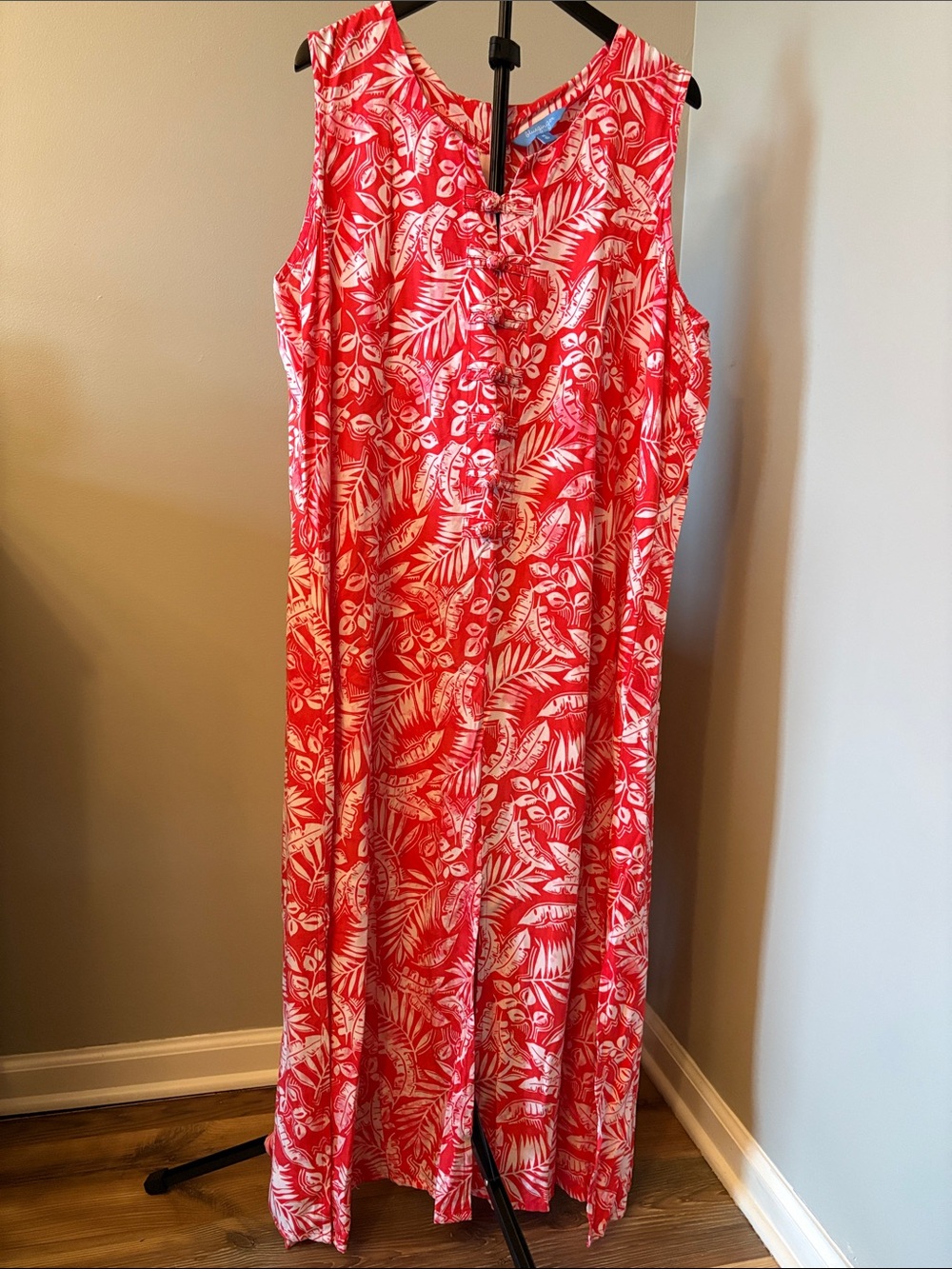 Blue Ginger Size XL Sleeveless Red & White Tropical Print Women's Maxi Dress